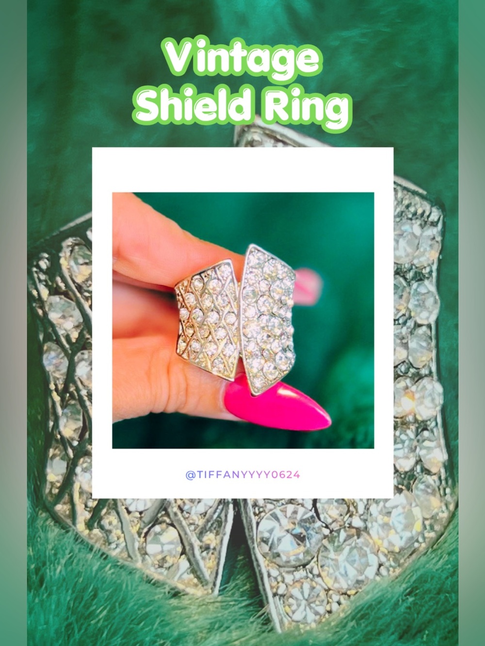 🪩 Vintage Geometric Pavé Crystal Shield Ring